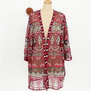 Catherines Womens Geometric Embroidered Mesh Sheer Kimono‎ Cardigan Size 2XWP